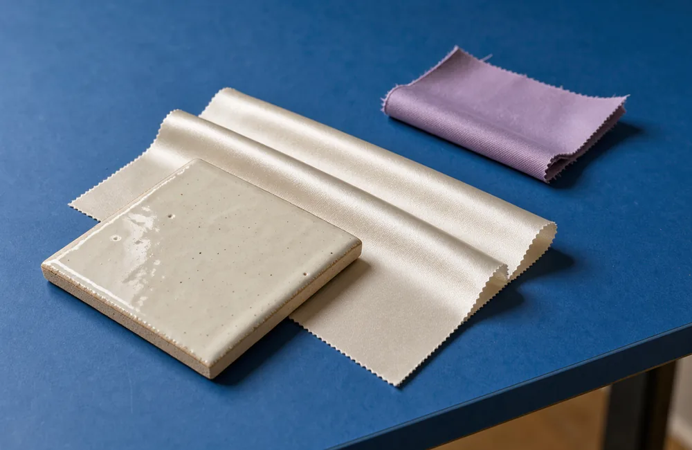 Handmade ceramic samples and folded satin seen from the edge of a blue worktable