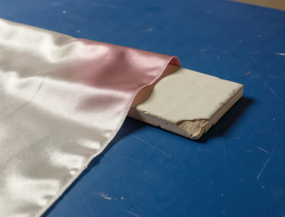 Raking daylight reveals the weave of satin beside the rough edge of a ceramic tile