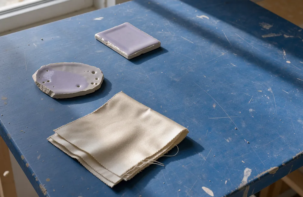 A satin swatch and two small tiles leave an open corner on a cobalt worktable