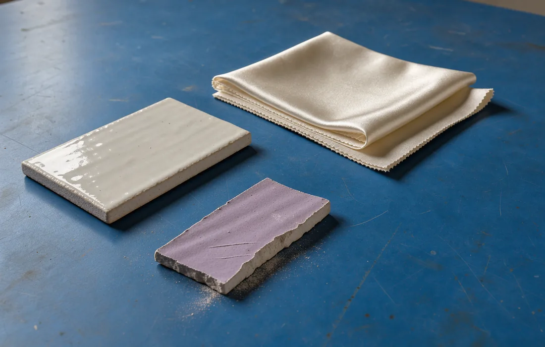 Three separated ceramic and cloth samples beside an empty area of blue worktable