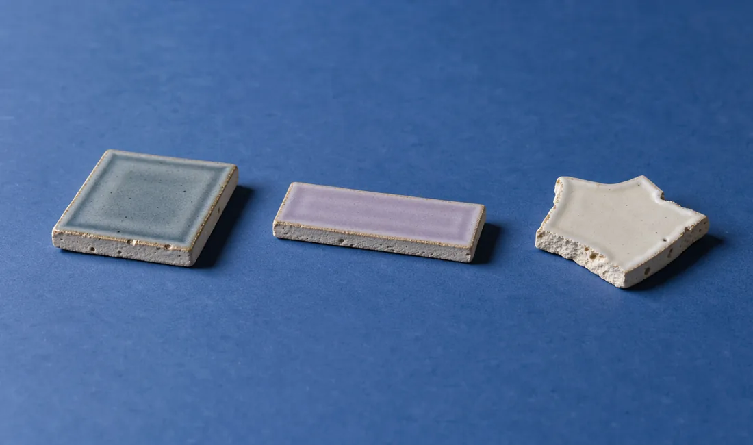 Three ceramic offcuts lie at different angles with clear blue gaps between them