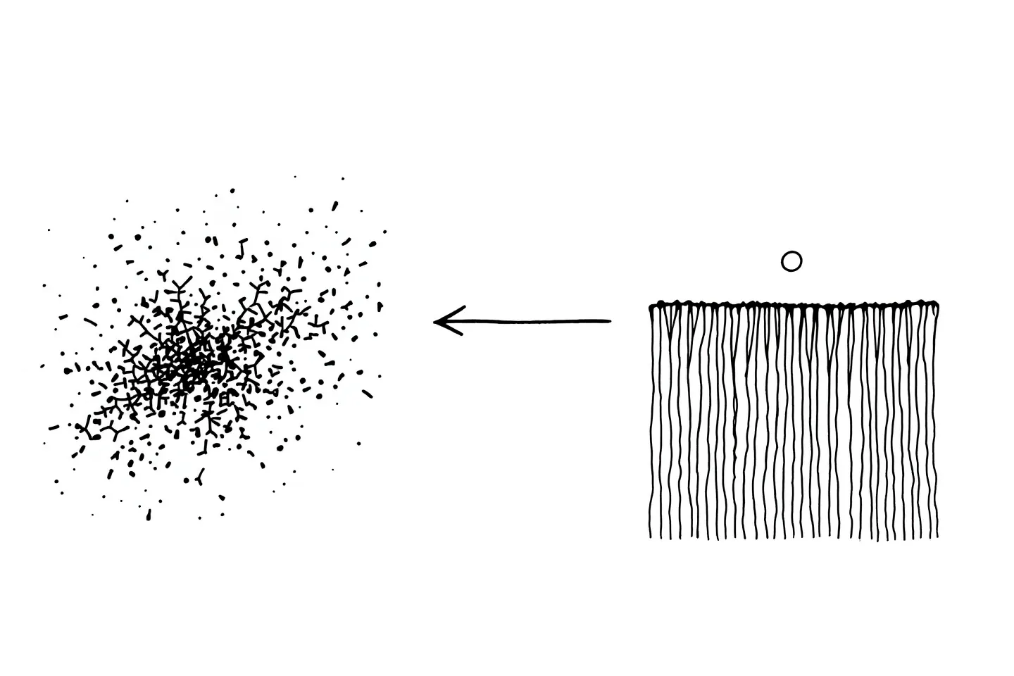All-ink schematic of collagen remodeling — scattered broken fibrils reordered into parallel lines across a hairline arrow — on cool white