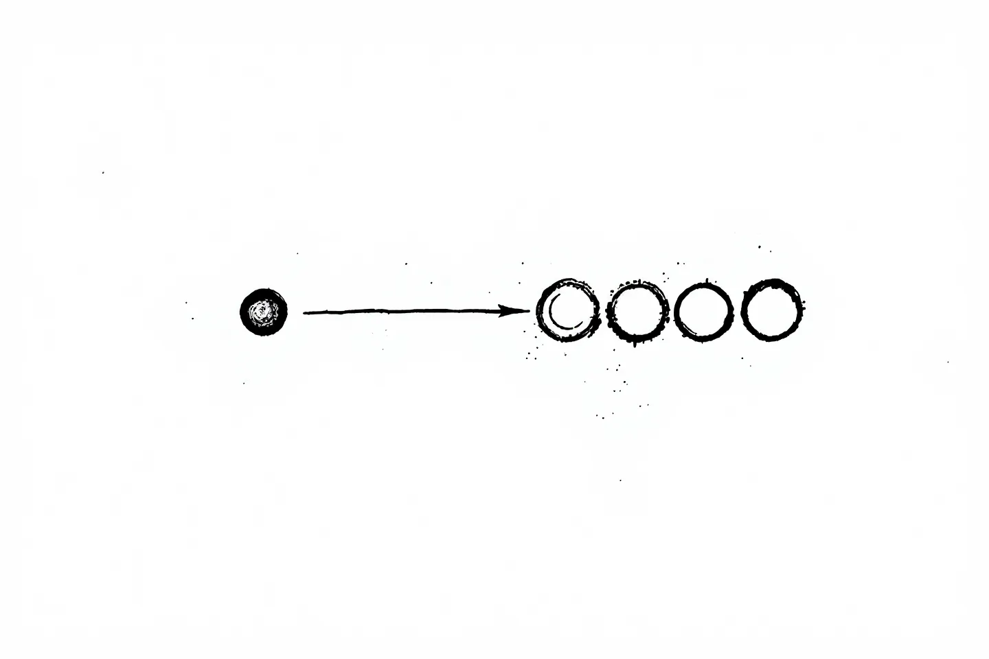 All-ink schematic of a single charcoal circle bound to a row of seven ring-circles by a hairline connector on cool white