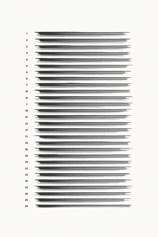 All-ink vertical inventory of about twenty-five numbered hairlines on cool white
